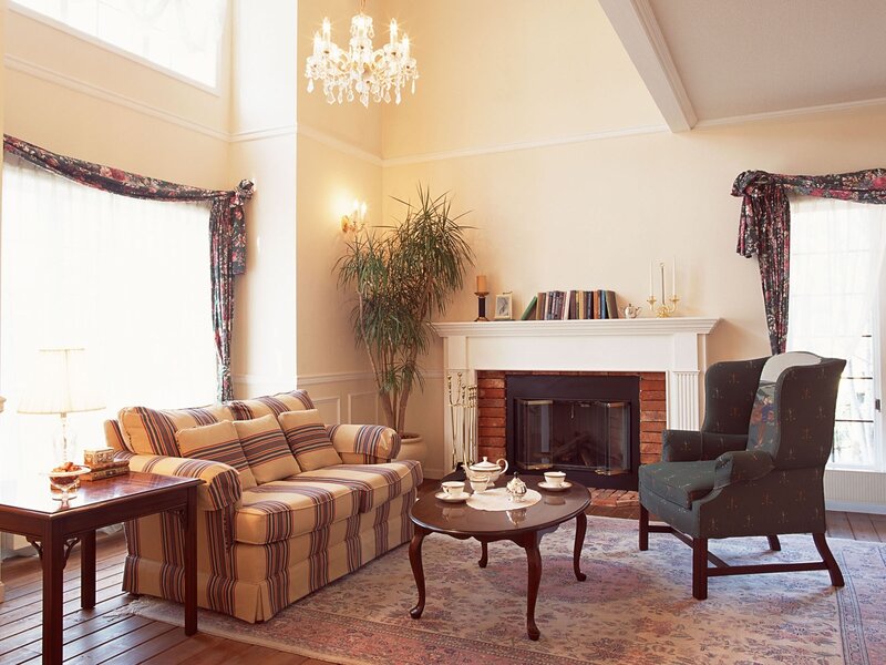 Living Room with Fireplace — Beige, Cozy, Afternoon, Photograph, Sofa