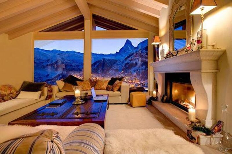 Living Room with Fireplace — Beige, Cozy, Night, Photograph