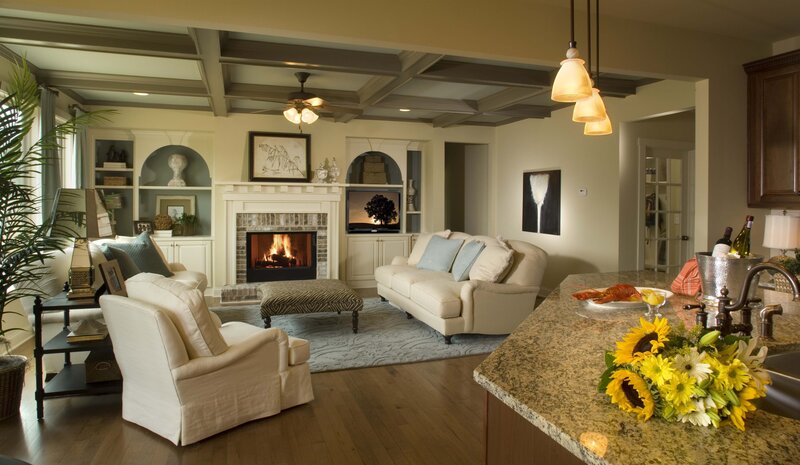 Living Room with Fireplace — Beige, Cozy, Night