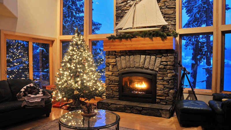 Living Room with Fireplace — Blue, Cozy, Night