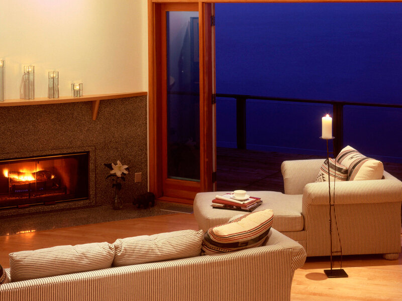 Living Room with Fireplace — Blue, Cozy