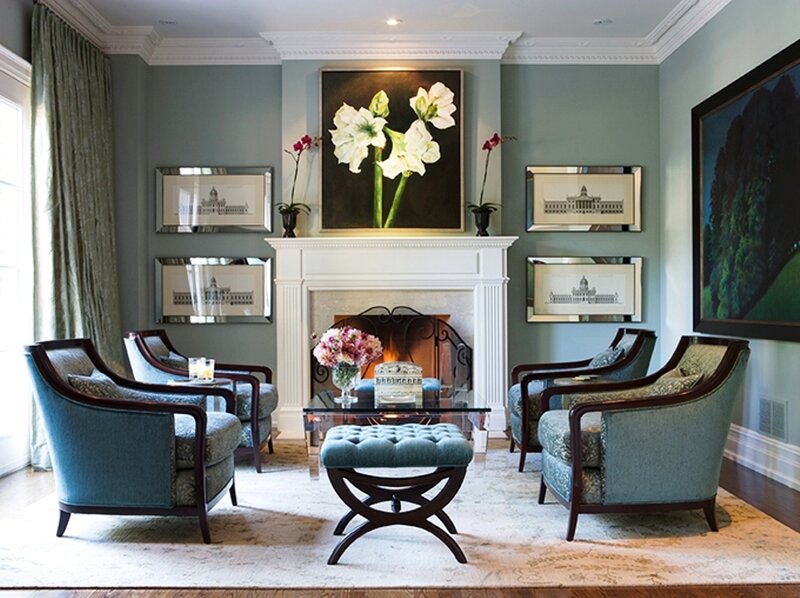 Living Room with Fireplace — Blue