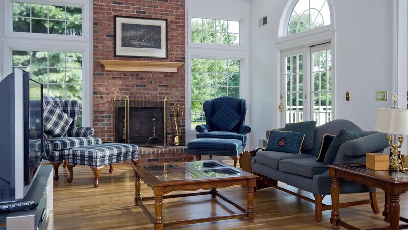 Living Room with Fireplace — Brown, Calm, Afternoon, Photograph, Plaid Furniture