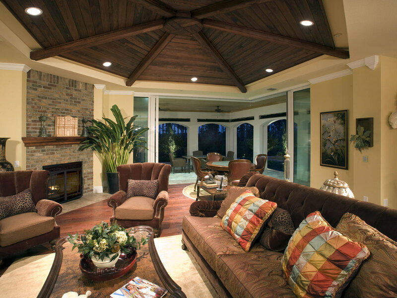 Living Room with Fireplace — Brown, Cozy, Night, Photograph, Sofa