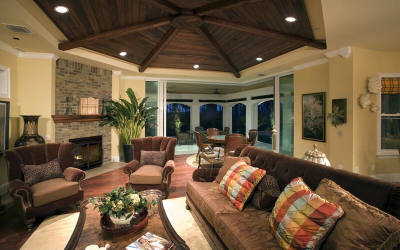 Living Room with Fireplace — Brown, Cozy, Night