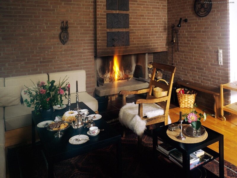 Living Room with Fireplace — Brown, Cozy, Photograph, Couch