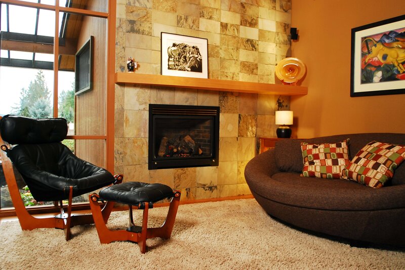 Living Room with Fireplace — Brown, Cozy, Photograph, Sofa, Armchair
