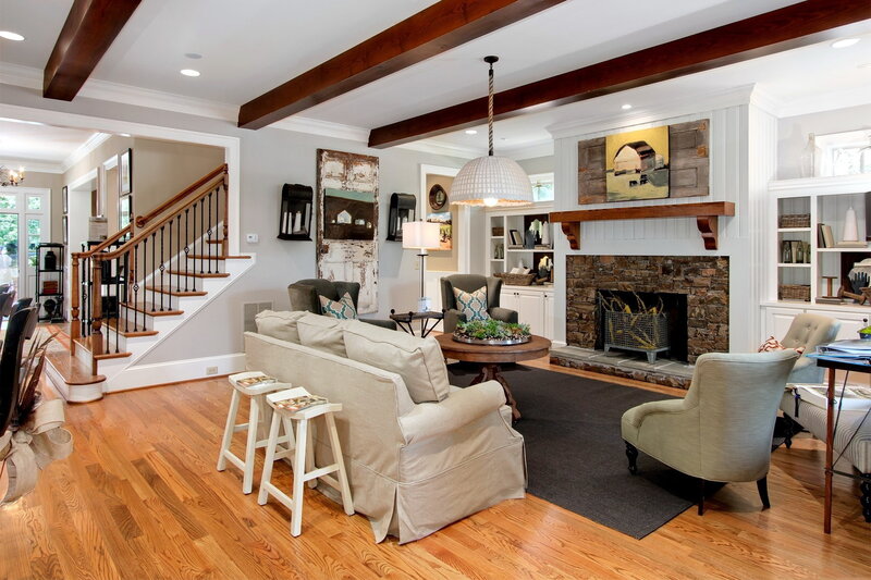 Living Room with Fireplace — Brown, Cozy, Photograph, Staircase
