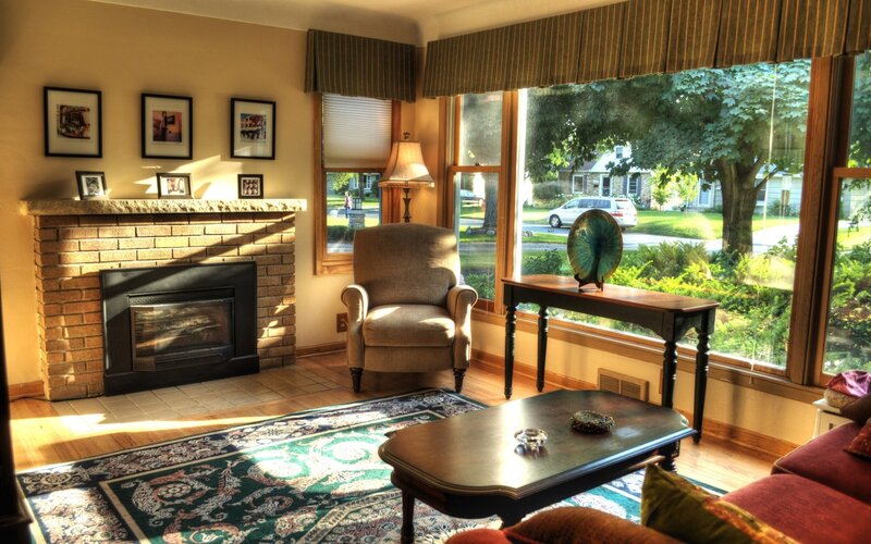 Living Room with Fireplace — Brown, Serene