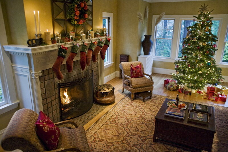 Living Room with Fireplace — Green, Cozy, Winter