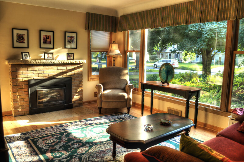 Living Room with Fireplace — Green, Serene