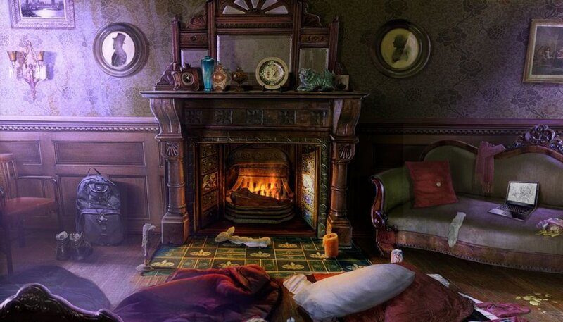Living Room with Fireplace — Purple
