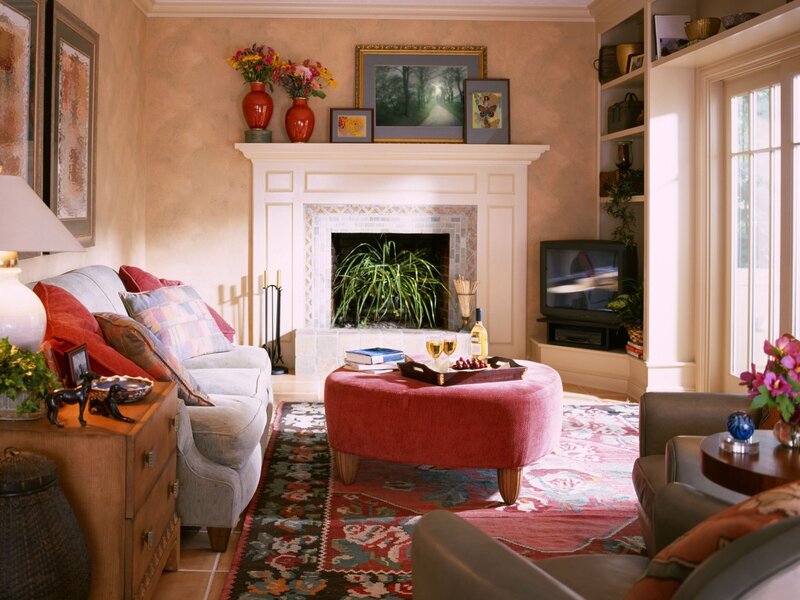 Living Room with Fireplace — Red, Cozy, Afternoon, Photograph, Couch