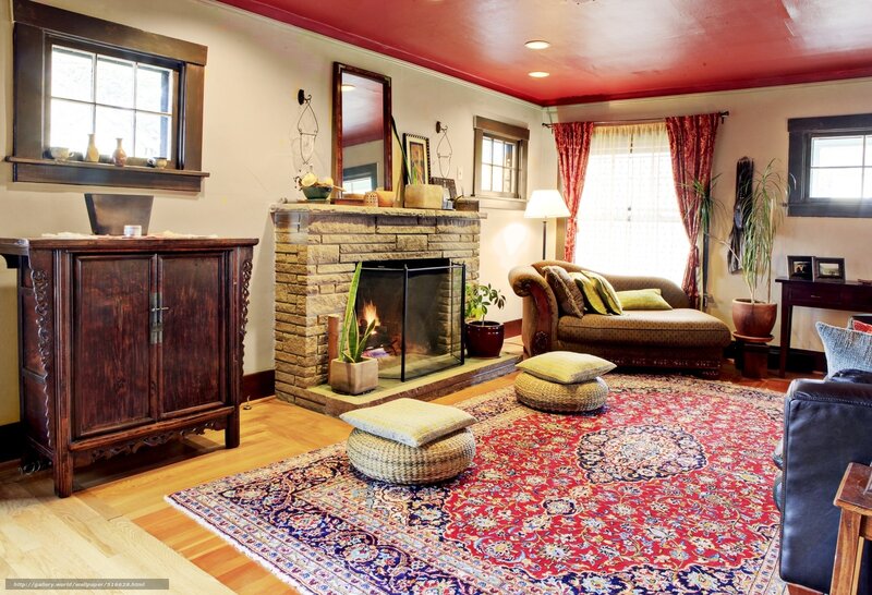 Living Room with Fireplace — Red, Cozy, Afternoon, Photograph, Sofa