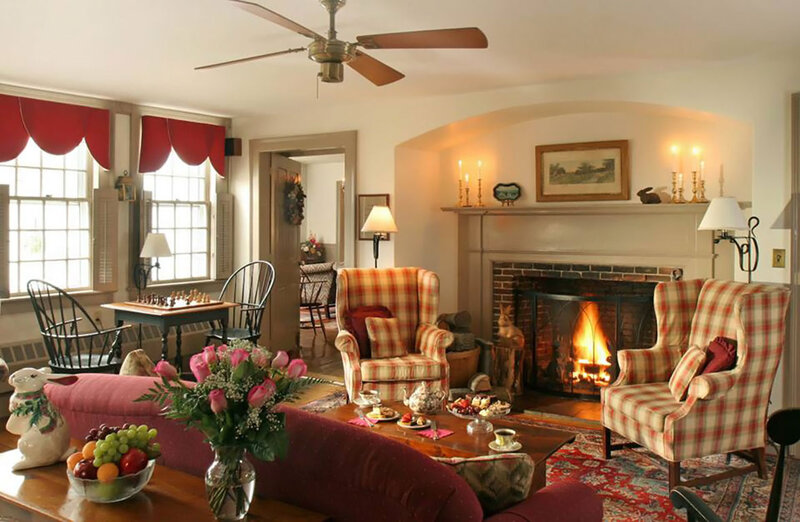 Living Room with Fireplace — Red, Cozy, Night, Photograph, Armchairs