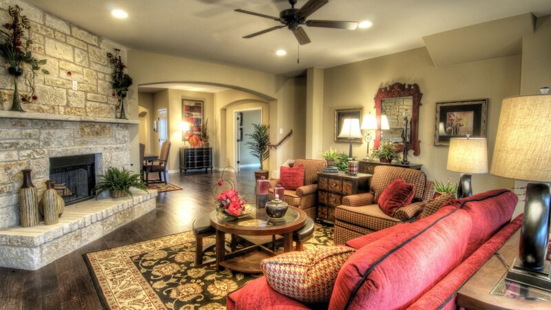 Living Room with Fireplace — Red, Cozy, Night, Photograph, Sofa, Rug