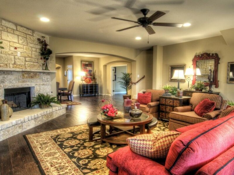 Living Room with Fireplace — Red, Cozy, Night