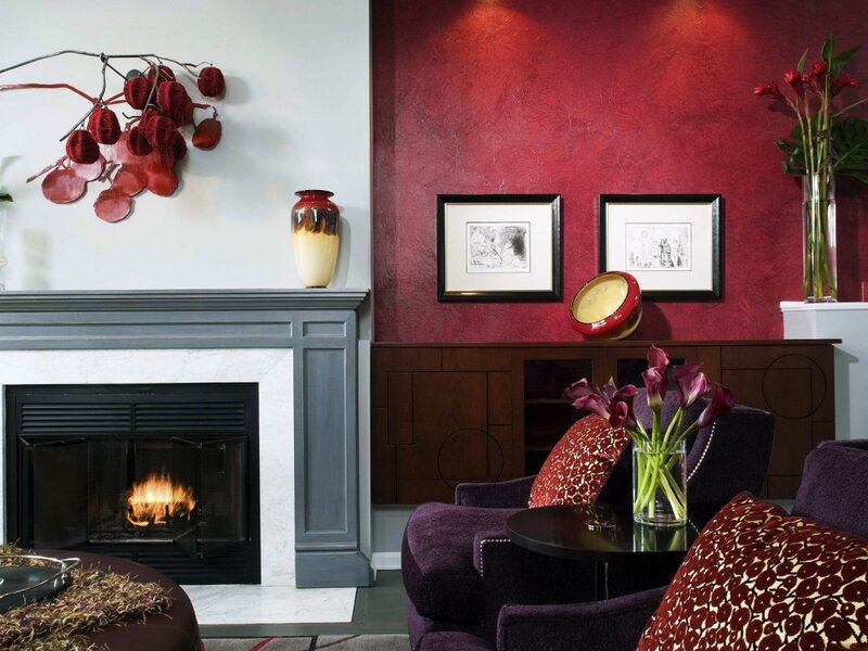 Living Room with Fireplace — Red, Cozy, Photograph, Armchairs