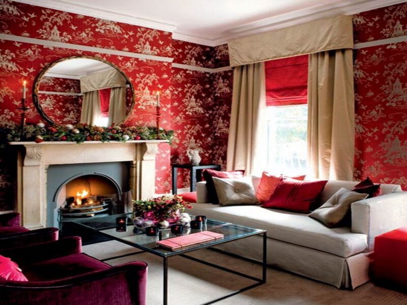 Living Room with Fireplace — Red, Cozy, Photograph, Sofa