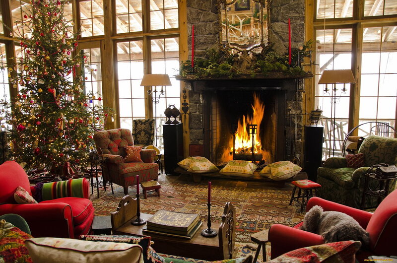 Living Room with Fireplace — Red, Cozy, Winter