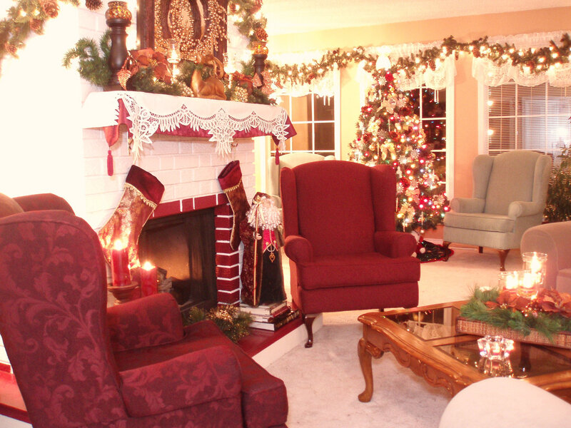 Living Room with Fireplace — Red, Festive