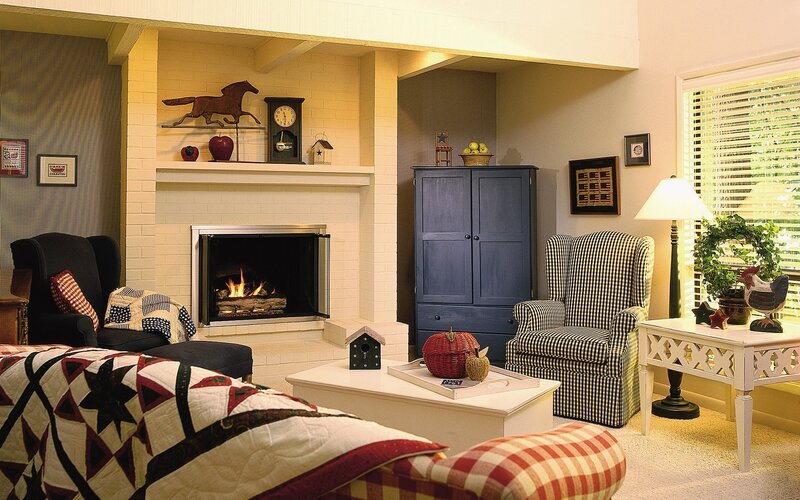 Living Room with Fireplace — White, Cozy, Afternoon, Photograph, Armchairs