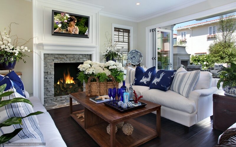 Living Room with Fireplace — White, Cozy, Afternoon, Photograph, Couch