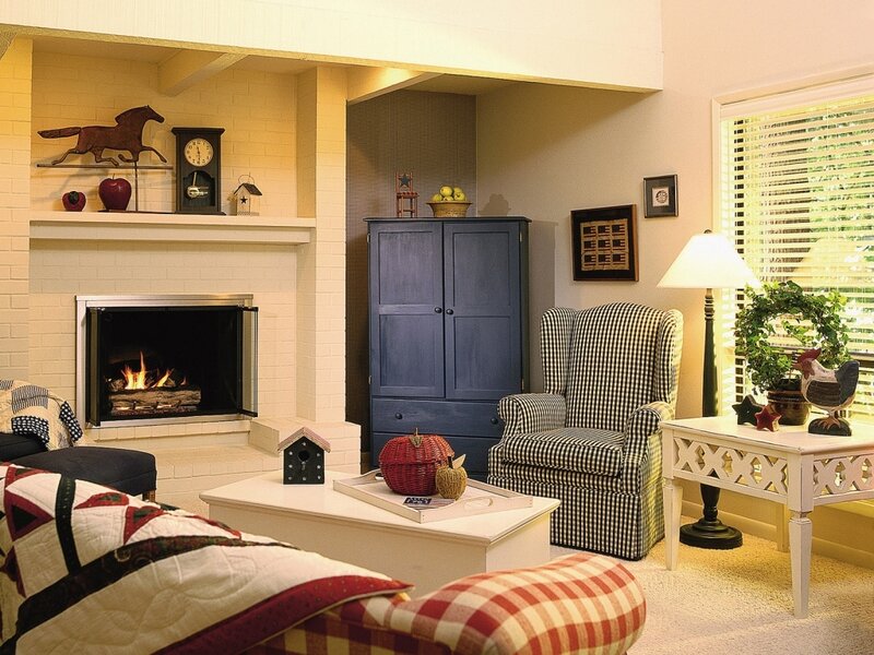 Living Room with Fireplace — White, Cozy, Afternoon