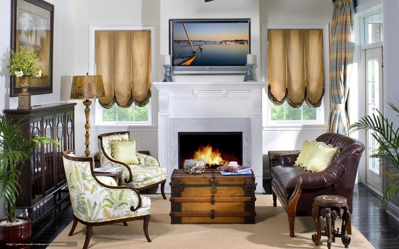 Living Room with Fireplace — White, Cozy, Sunset