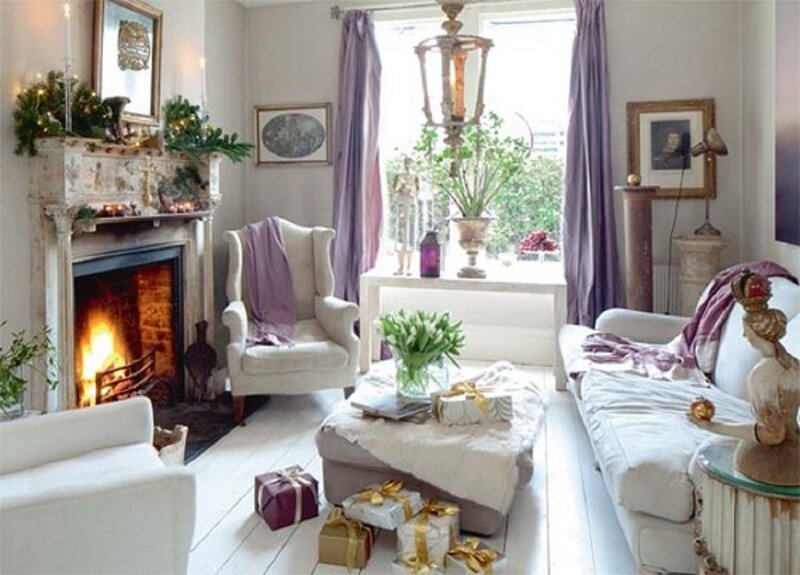 Living Room with Fireplace — White, Cozy, Winter
