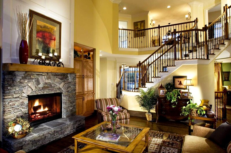 Living Room with Fireplace — Yellow, Cozy, Night