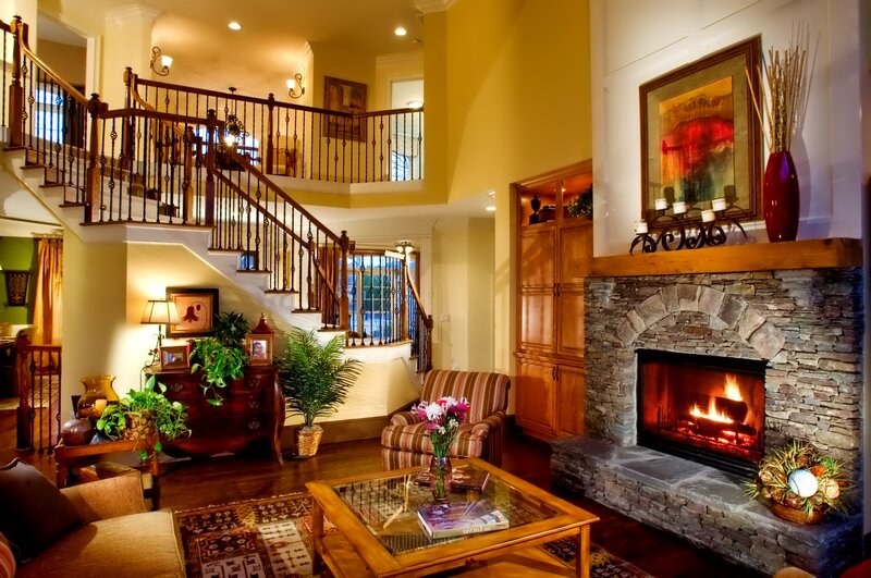 Living Room with Fireplace — Yellow, Cozy