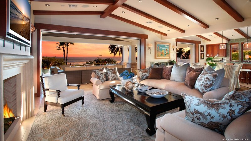Living Room with Ocean View — Beige, Serene, Sunset, Photograph, Fireplace, Sofa
