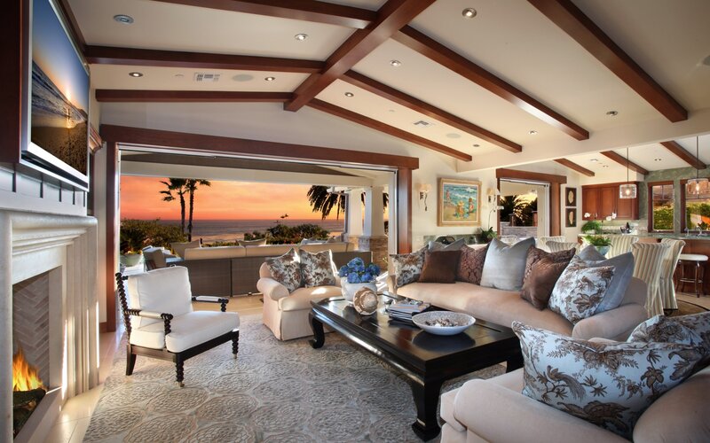 Living Room with Ocean View — Beige, Serene, Sunset, Photograph, Fireplace