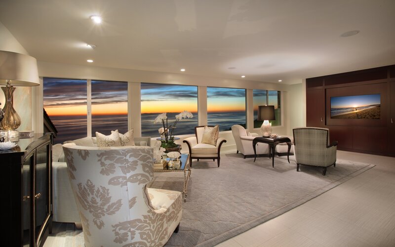 Living Room with Ocean View — Beige, Serene, Sunset, Photograph, Sofa