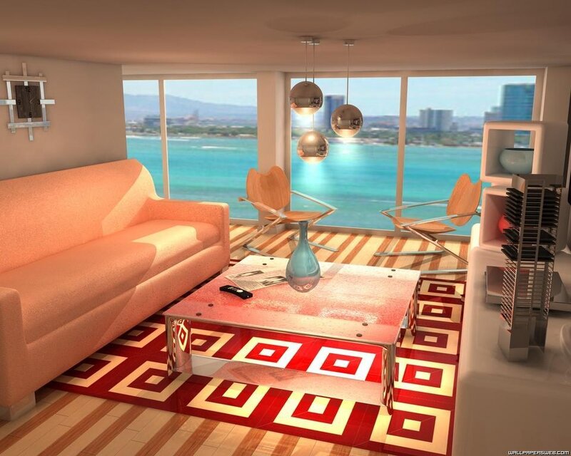 Living Room with Ocean View — Red, Modern