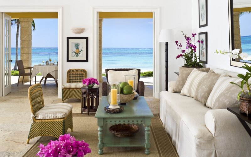 Living Room with Ocean View — White, Serene, Afternoon, Photograph, Sofa, Coffee Table