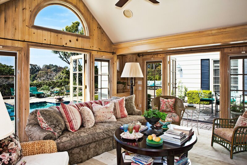 Living Room with Pool View — Brown, Relaxed