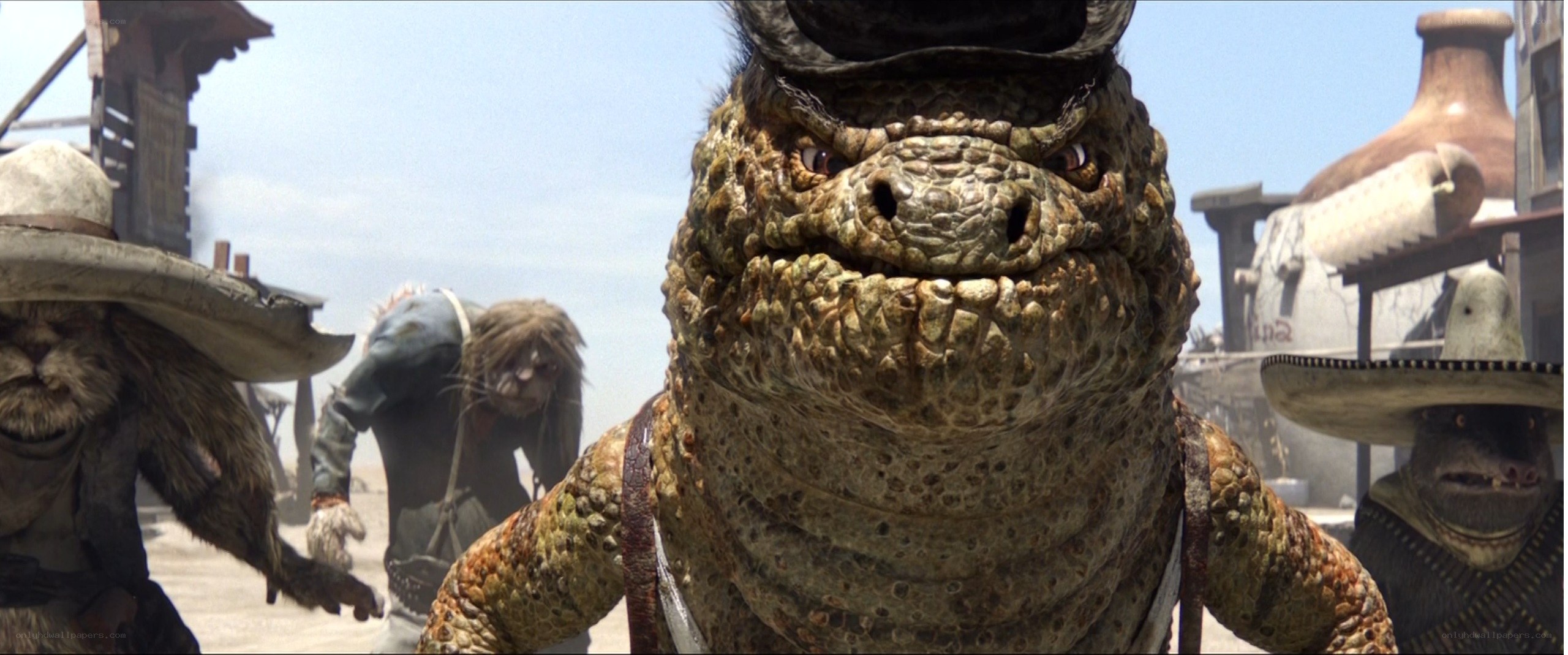 Lizard character in a western town
