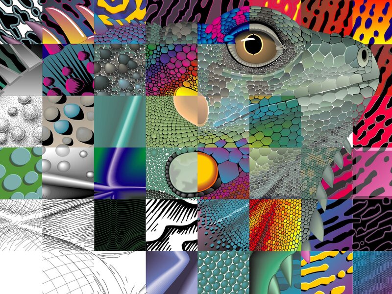 lizard collage with abstract patterns