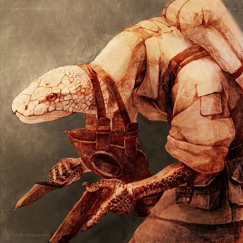 lizard soldier with gas mask