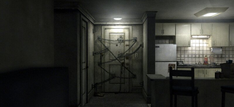 locked door in dim kitchen