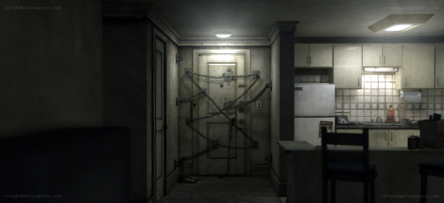 locked door in dim kitchen
