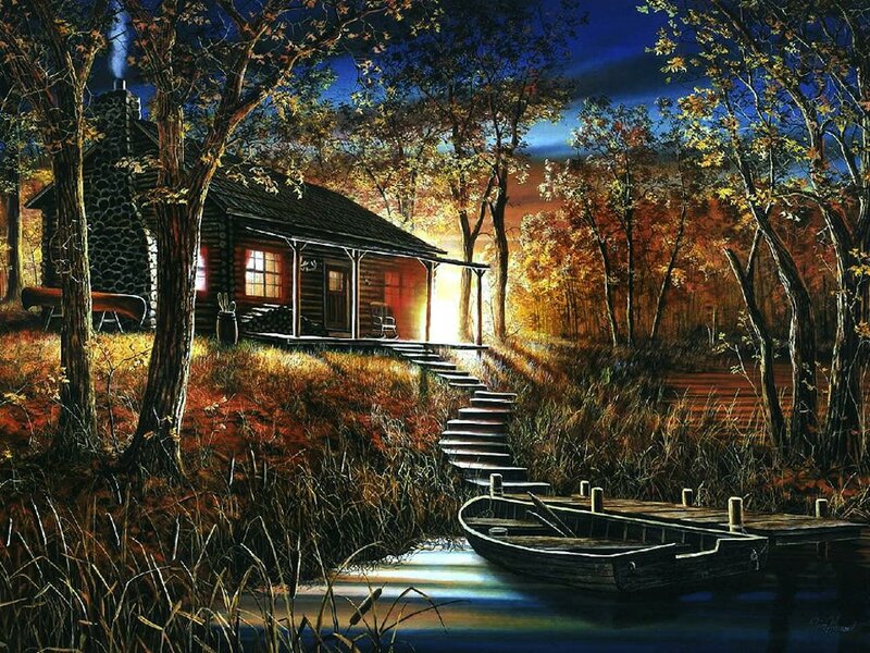Log Cabin at Night — Blue, Serene