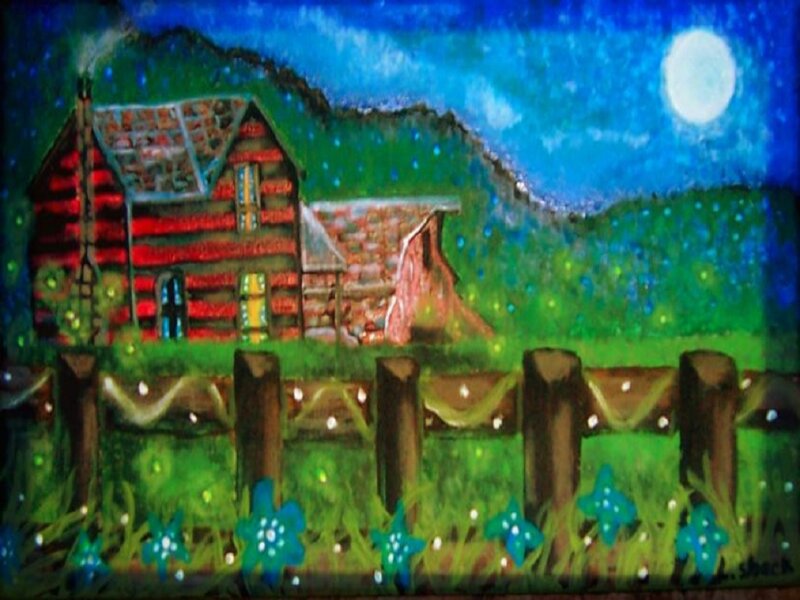 Log Cabin at Night — Blue