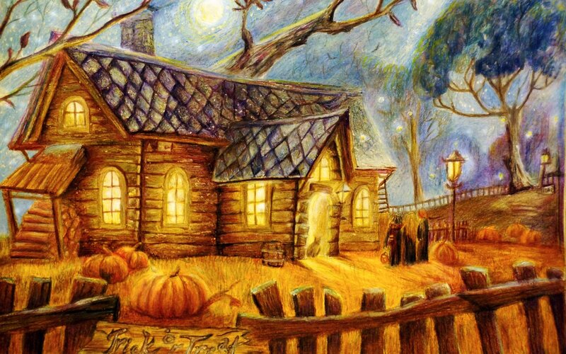 Log Cabin at Night — Orange, Cozy