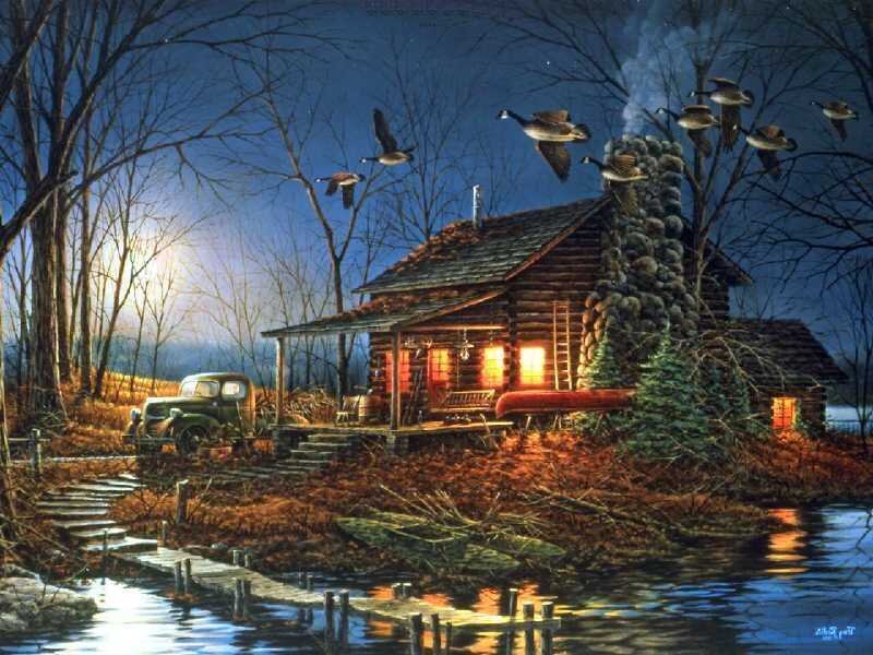 Log Cabin at Night