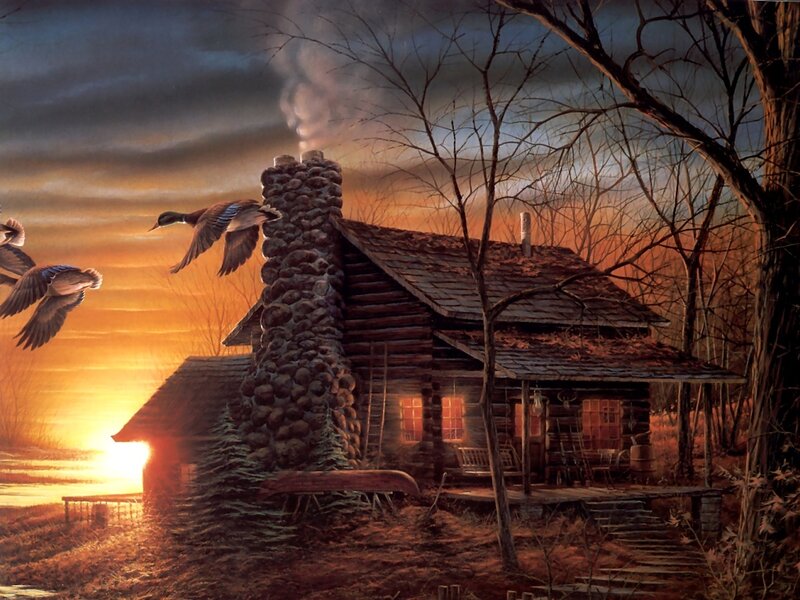 Log Cabin at Sunset — Orange, Serene, Painting