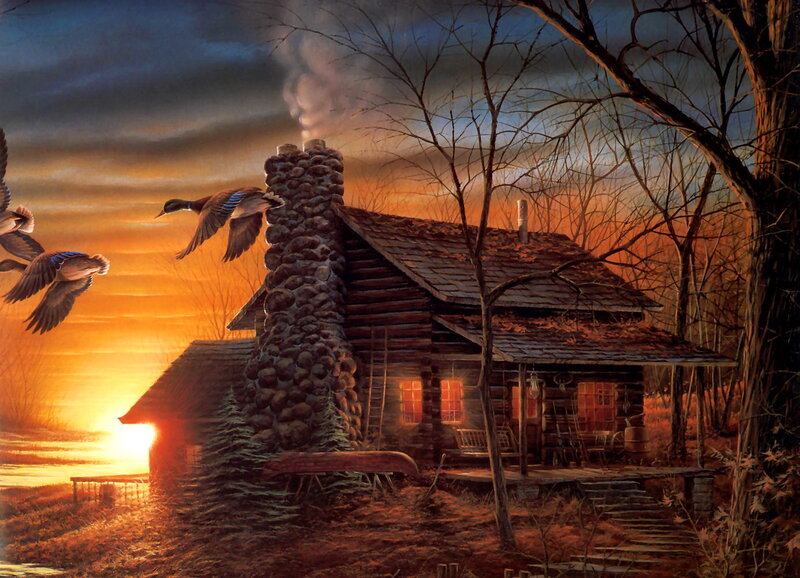 Log Cabin at Sunset — Orange, Serene