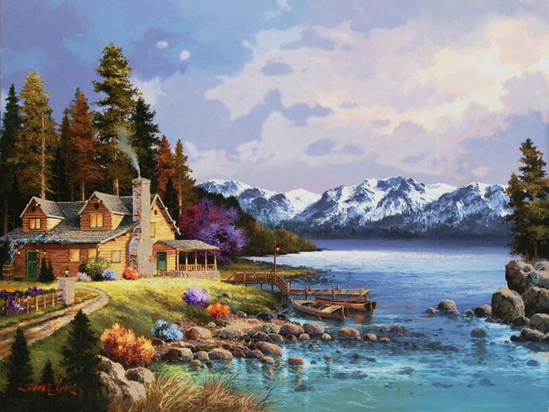 Log Cabin by Lake — Blue, Serene, Afternoon, Painting